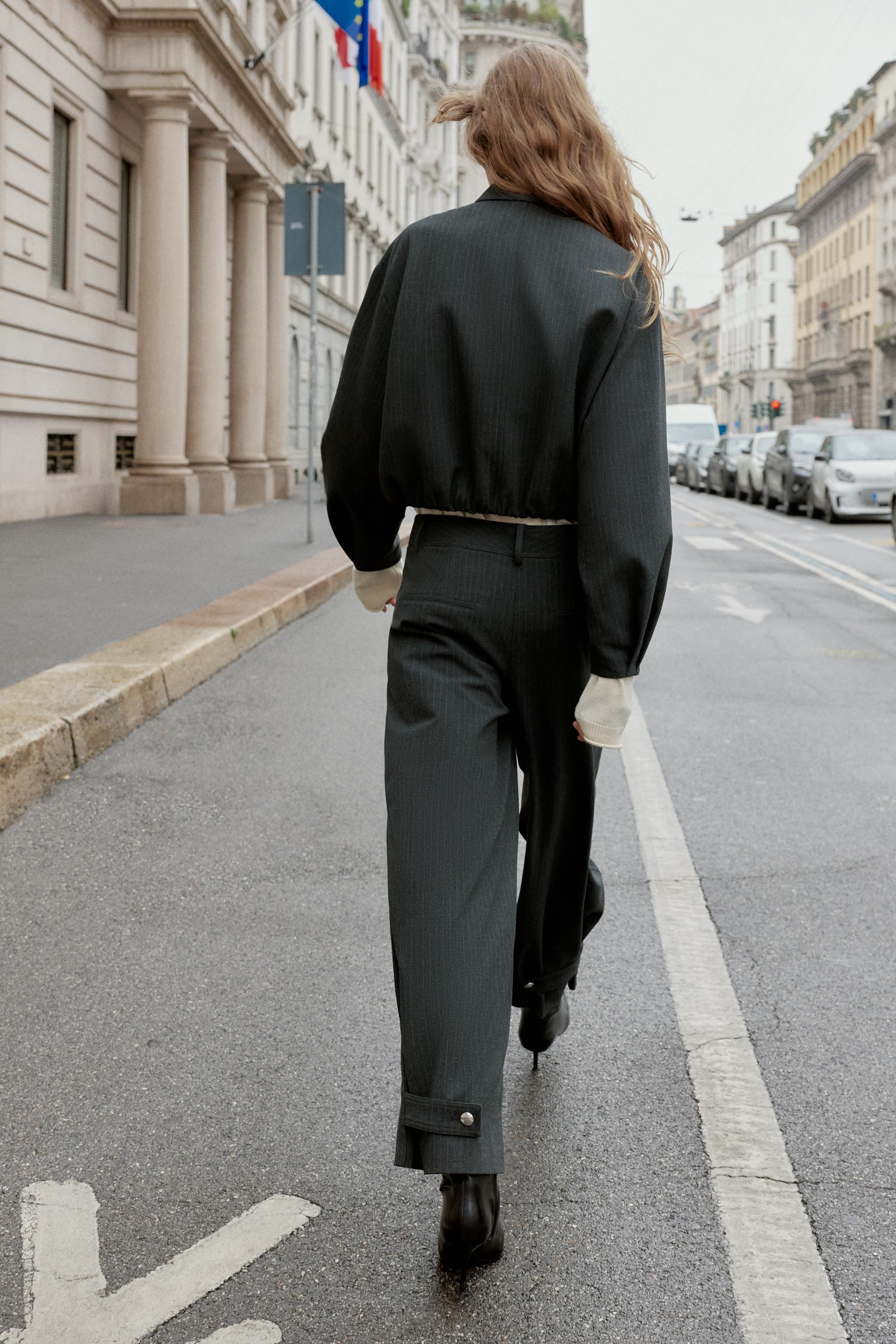 CROPPED PINSTRIPE BALLOON BOMBER JACKET